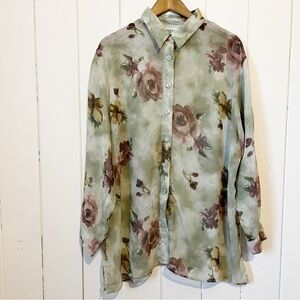 Hiroko Vintage Sheer Oversized Crinkle Green Rose Button Down Top.